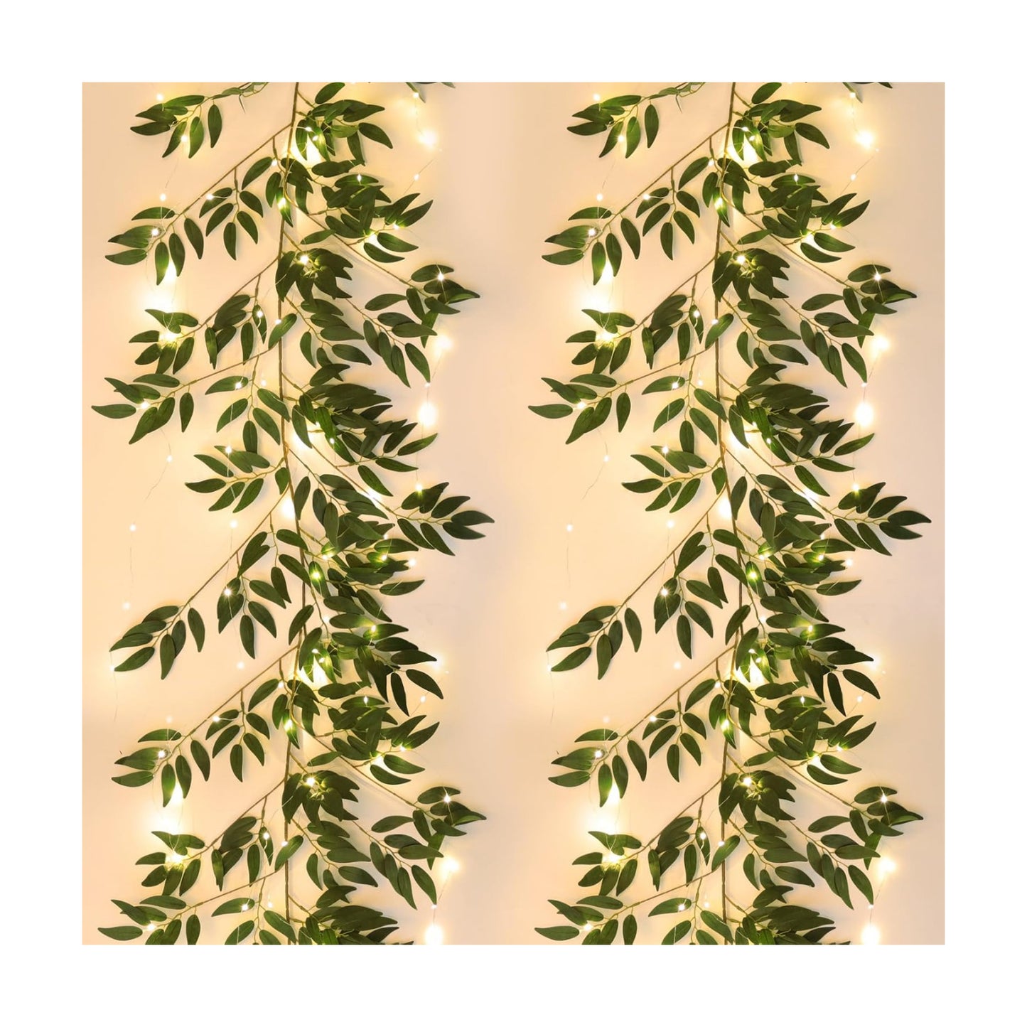Light 2Pc Fake Silk Green Leaves Ivy Garland Faux / Green with Lights / 5.7 Inch