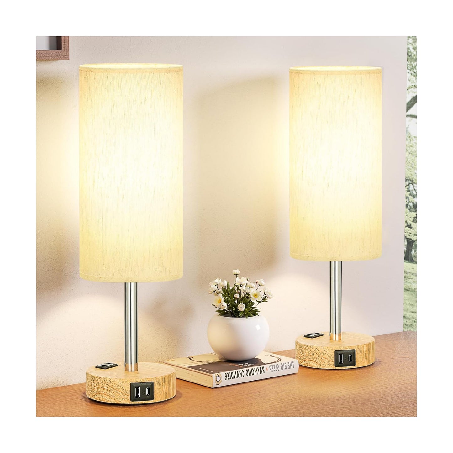 Small Touch Table Lamps Set of 2-3-Way Dimmable, USB A + C Charging, AC Outlet, Wood Grain Base, Bulbs Included