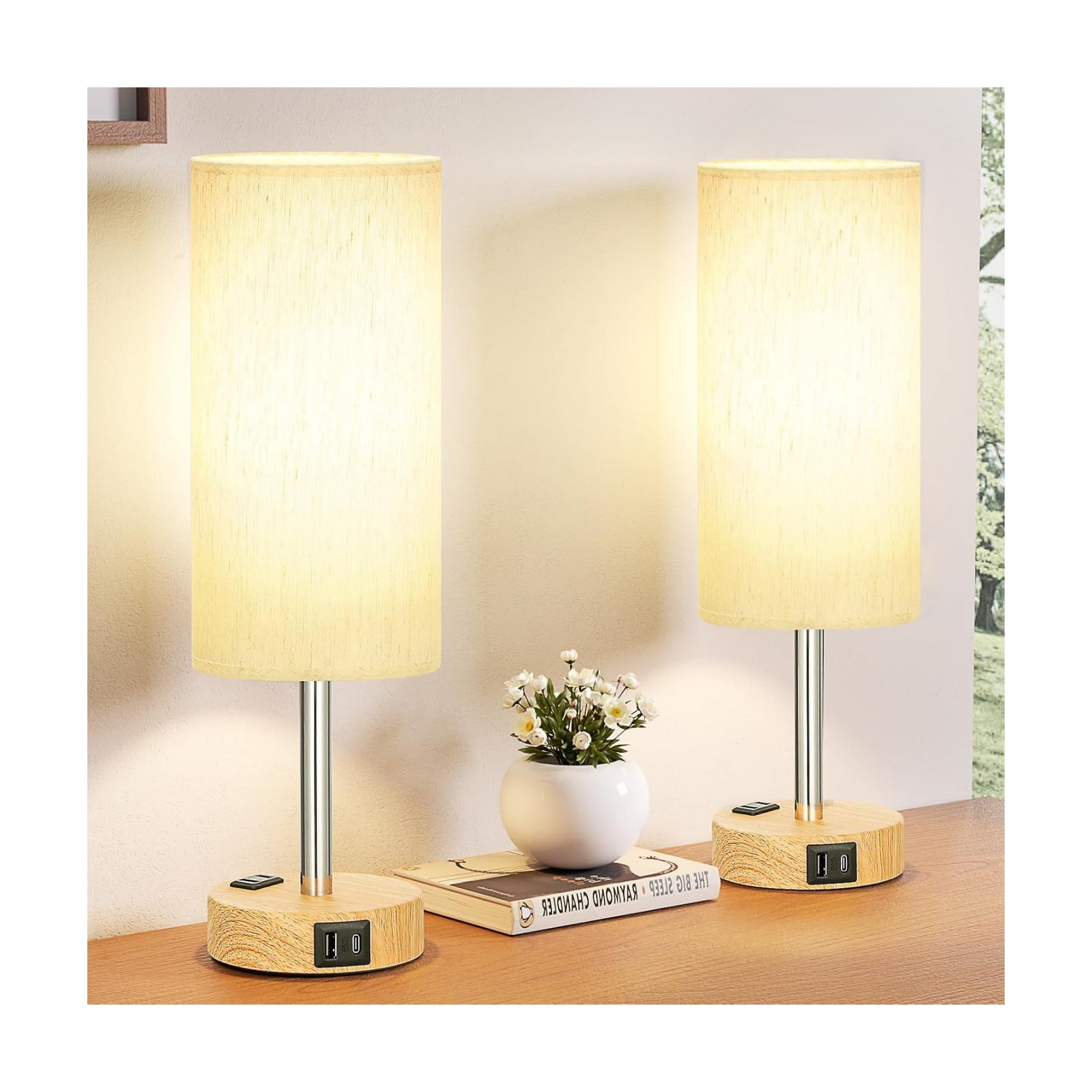 Small Touch Table Lamps Set of 2-3-Way Dimmable, USB A + C Charging, AC Outlet, Wood Grain Base, Bulbs Included