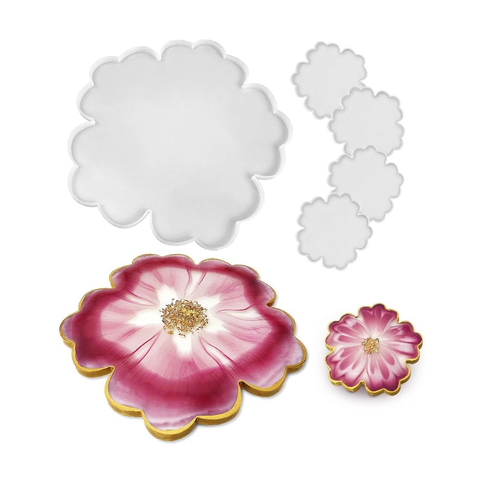 13'' Large Floral Tray Mold + 4'' Flower Geode Coaster Silicone Molds No Designs / White / Set of 5