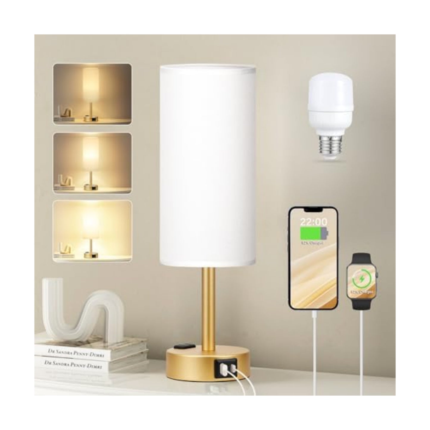 Fenmzee Gold Bedside Lamp for Bedroom, Dimmable Touch, USB A+C, AC Outlet