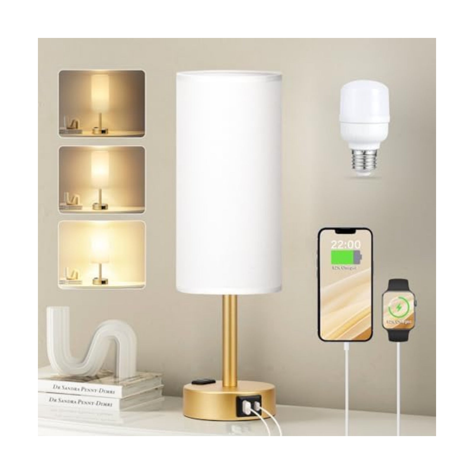 Fenmzee Gold Bedside Lamp for Bedroom, Dimmable Touch, USB A+C, AC Outlet
