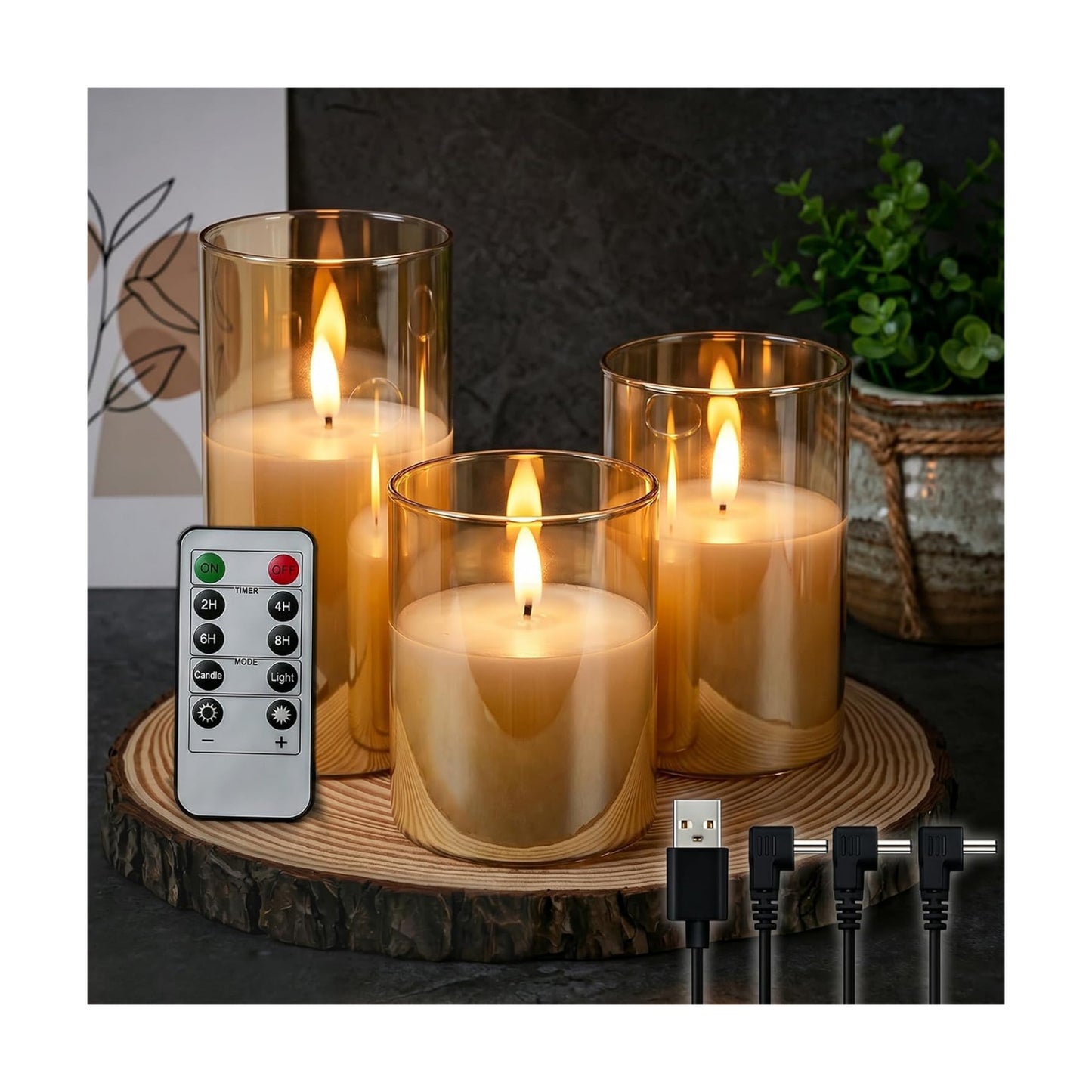 GenSwin Glass Rechargeable Flameless Candles Remote Battery Operated, Gold | LED Pillar Candles, Long Lasting Real Wax