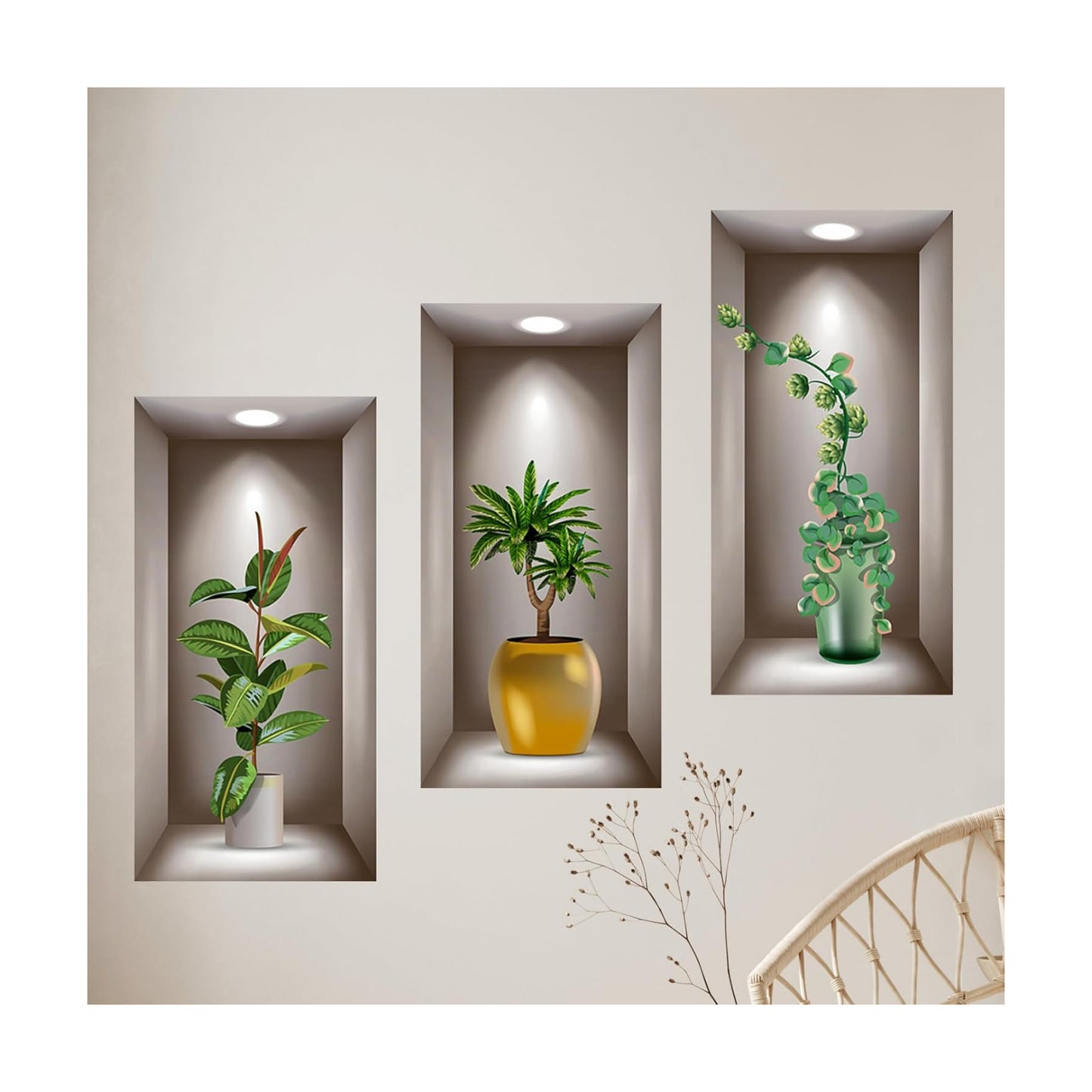 3D Potted Plants Wall Stickers Plants Leaves Wall Decals Peel and Stick 3D Magic / Green / Set of 3