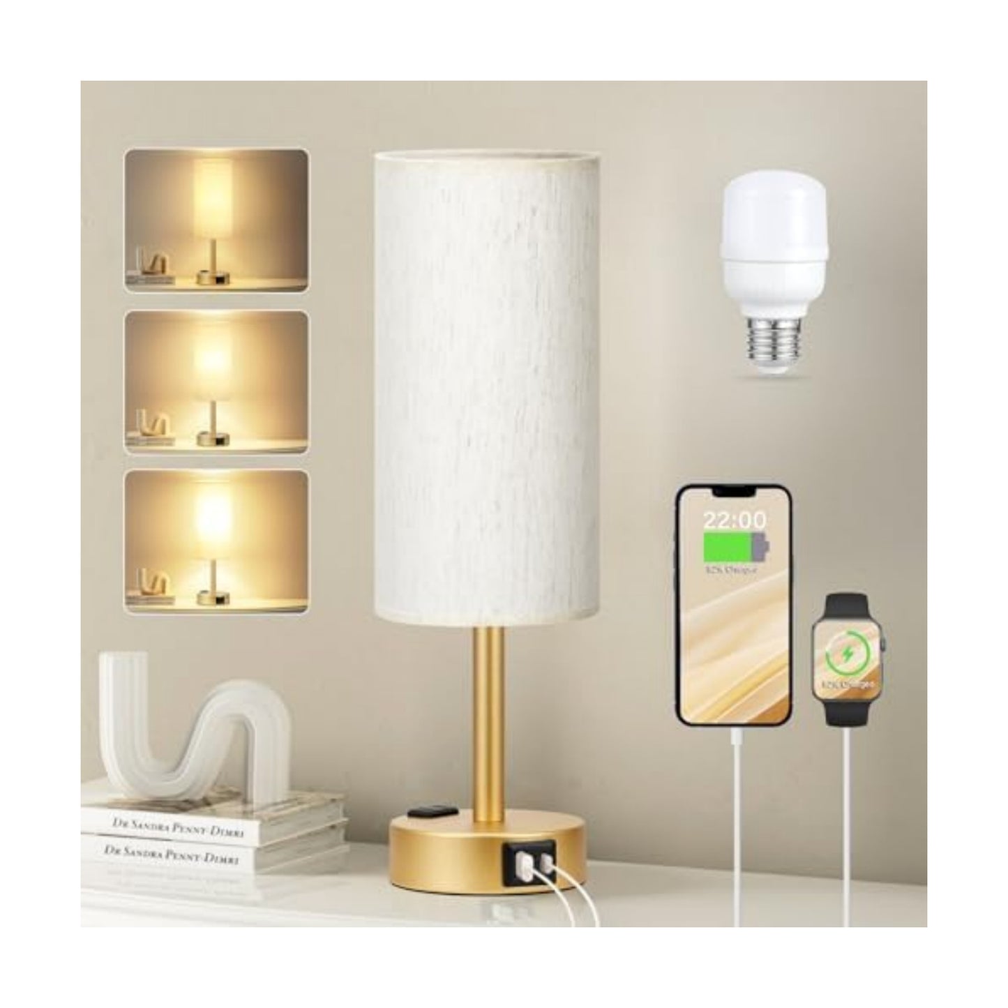 Fenmzee Gold Bedside Lamp for Bedroom, Dimmable Touch, USB A+C, AC Outlet