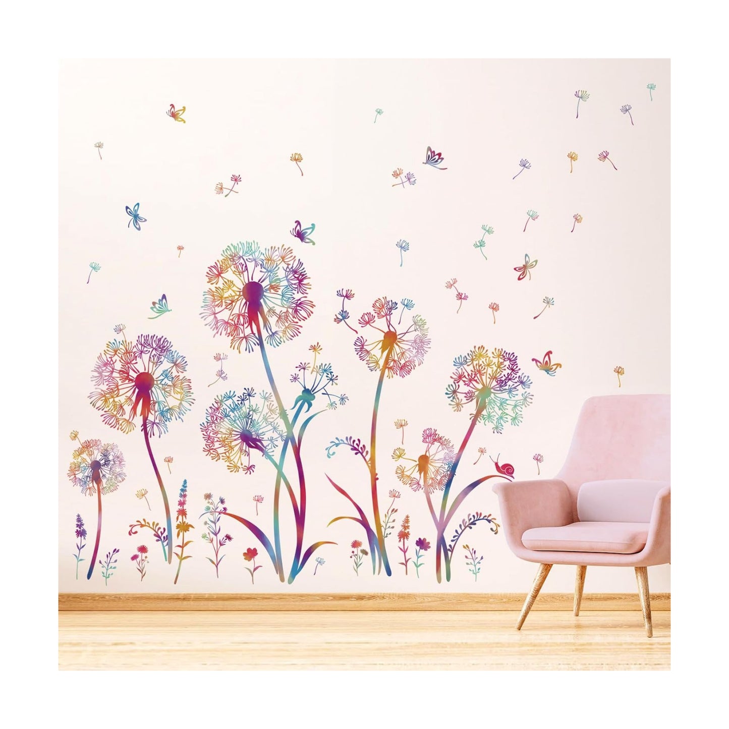 Colorful Blowing Dandelion Wall Decals Flying Flowers Butterflies Floral Peel and Stick Wall Art