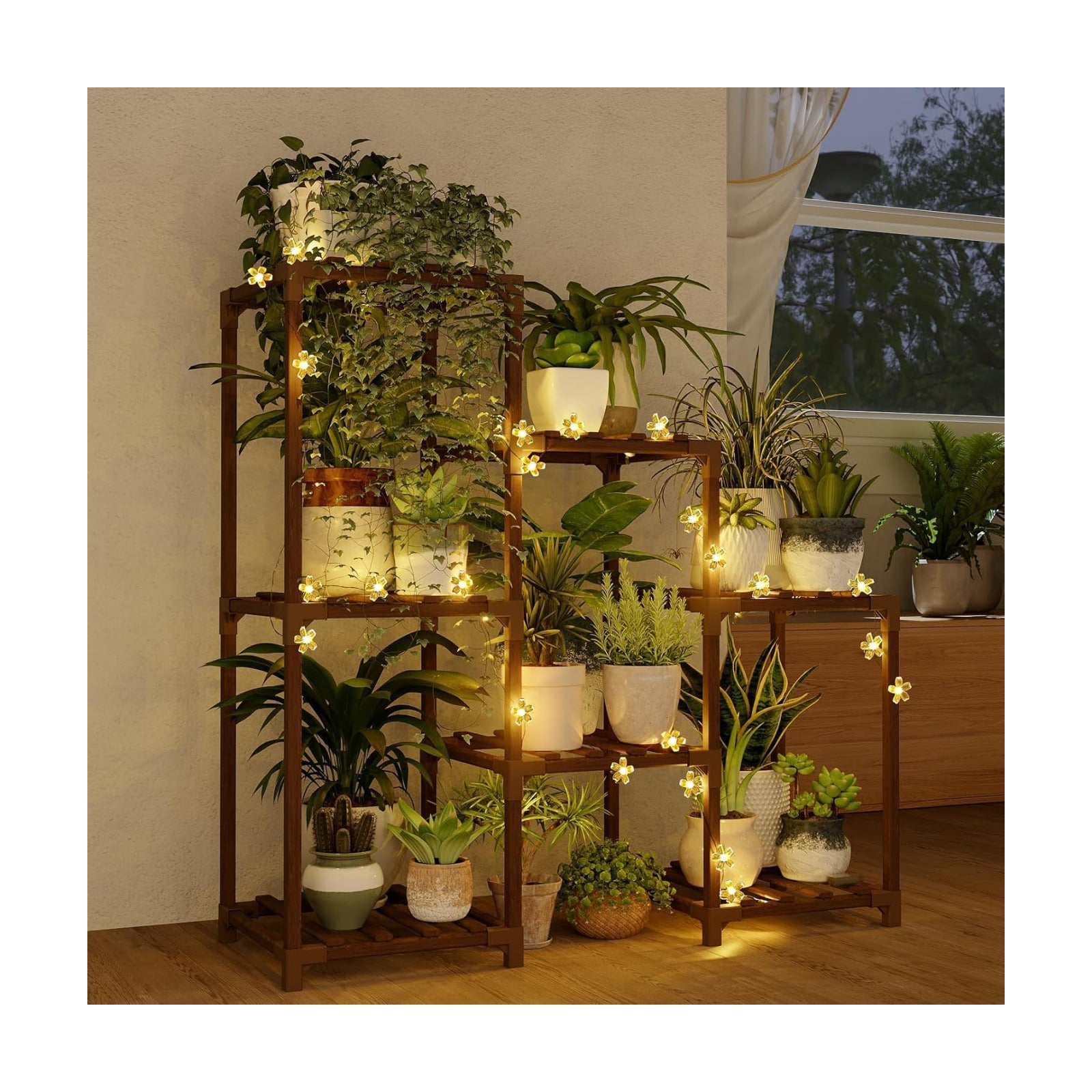 Bamworld Plant Stand Indoor with Flower Fairy Lights Battery Plant Shelf | Wood Plant Rack for Multiple Plants 3 Tiers