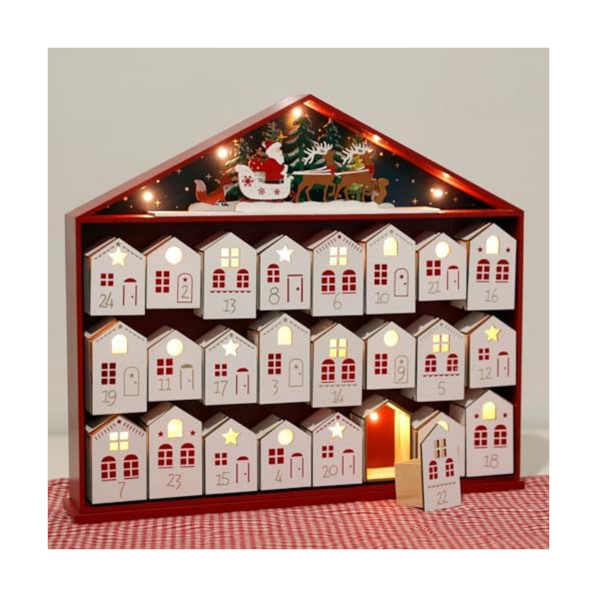 Extra-Large Wooden Advent Calendar 2025 with LED Lights, Christmas Countdown Calendar, House-Shaped Drawers for Kids and Adults, Reusable Holiday Decoration, 24-Day Xmas Countdown Box