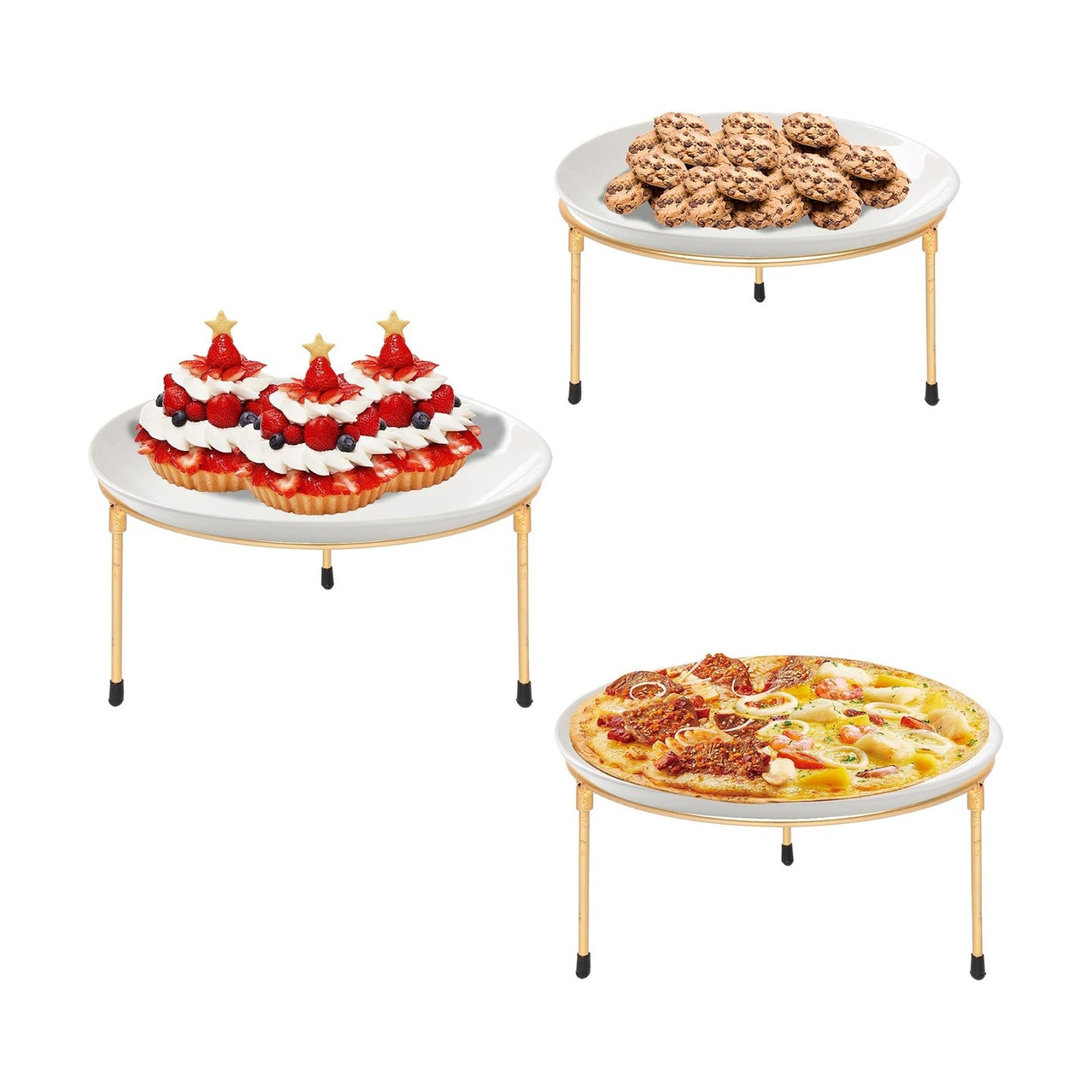 HPC DECOR Gold Metal Wire Pizza Pan Riser Stands-Round Pizza Tray Riser Rack / Gold Round / Set of 3