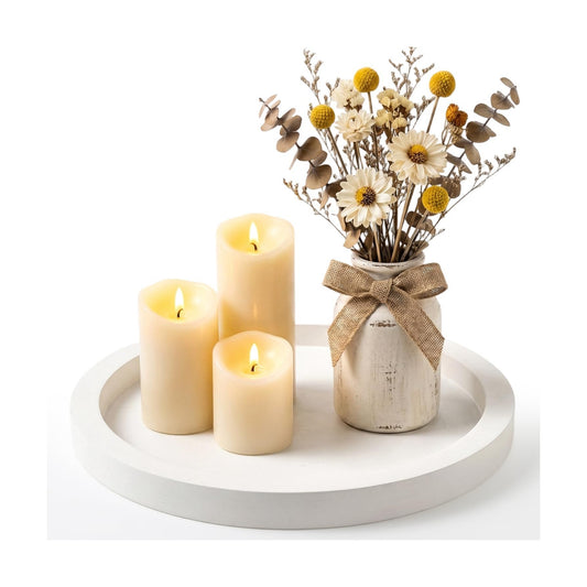 Candle Plate Holder Round Wooden Decorative Tray for Coffee Dinner Table / White / Set of 11