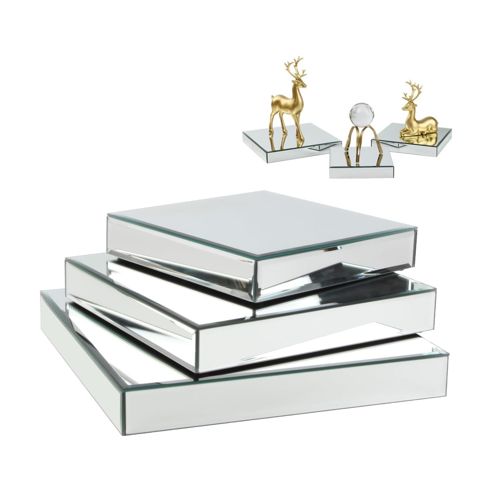 Square Mirror Reflection Display Platform Riser Stand / Silver