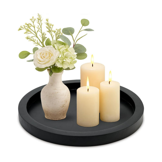 Round Decorative Tray for Coffee Dining Table Countertop Small Wooden Serving / Black / Set of 11