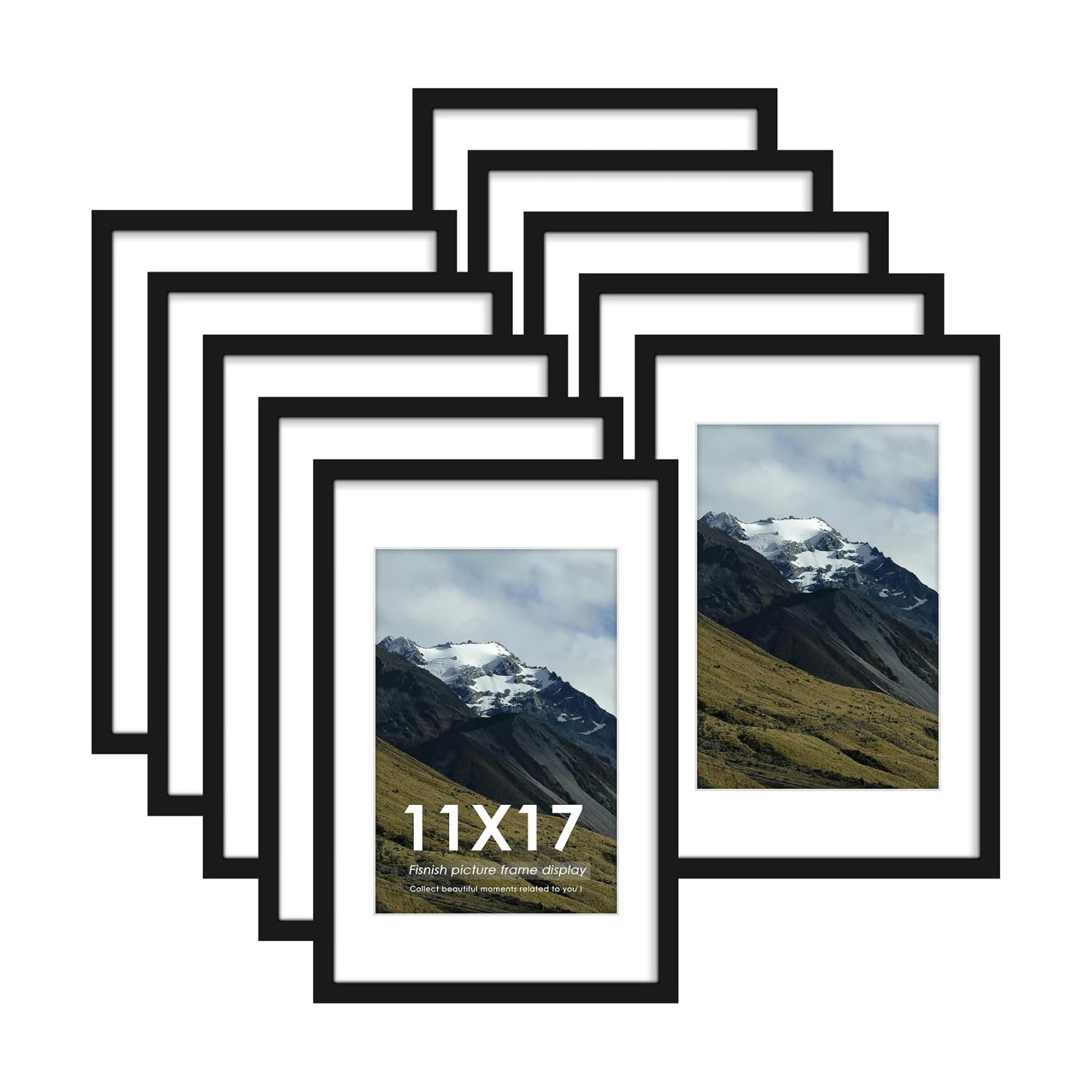 11x17 Picture Frame Sef of 10, for Wall Gallery Decor, Black | Display Pictures 8x12 with Mat or 11 x 17 Without Mat