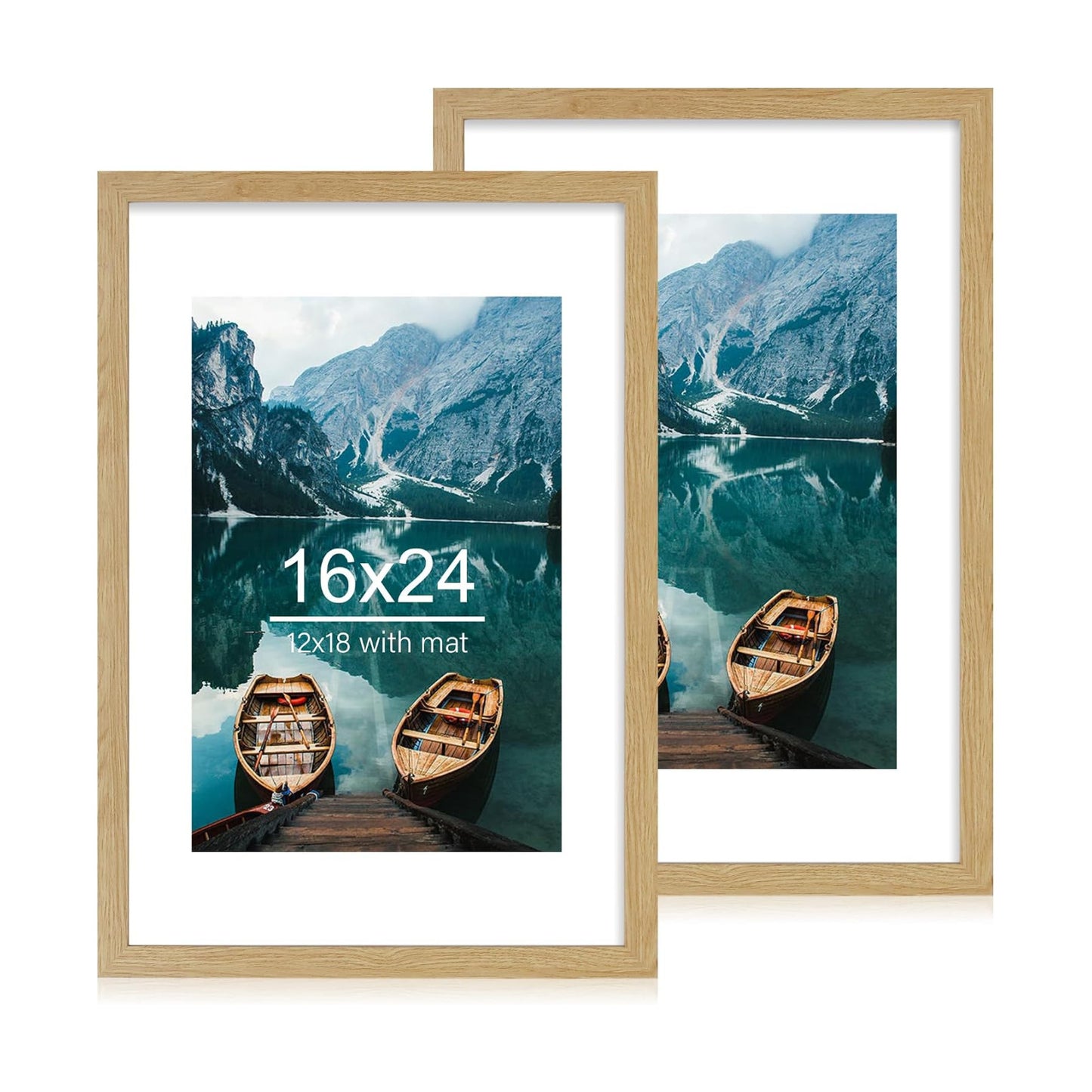 Hongkee 16x24 Frame Set of 2, Natural Oak Wood Style - Display 16 x 24 Picture without Mat or 12x18 Picture with Mat