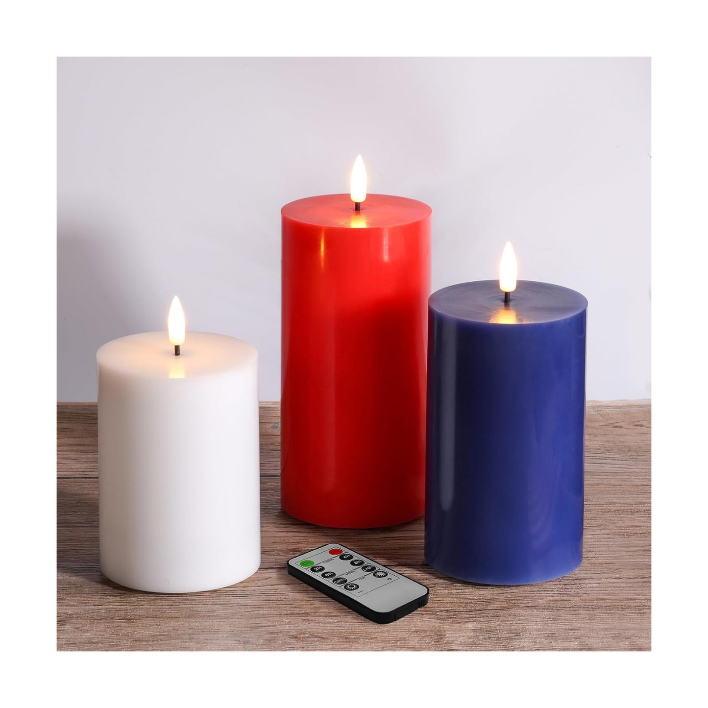Red White Blue Patriotic Flameless Pillar Candles with Remote Set of 3 | Flickering LED Wax Candles, Flat Top, 2 AA