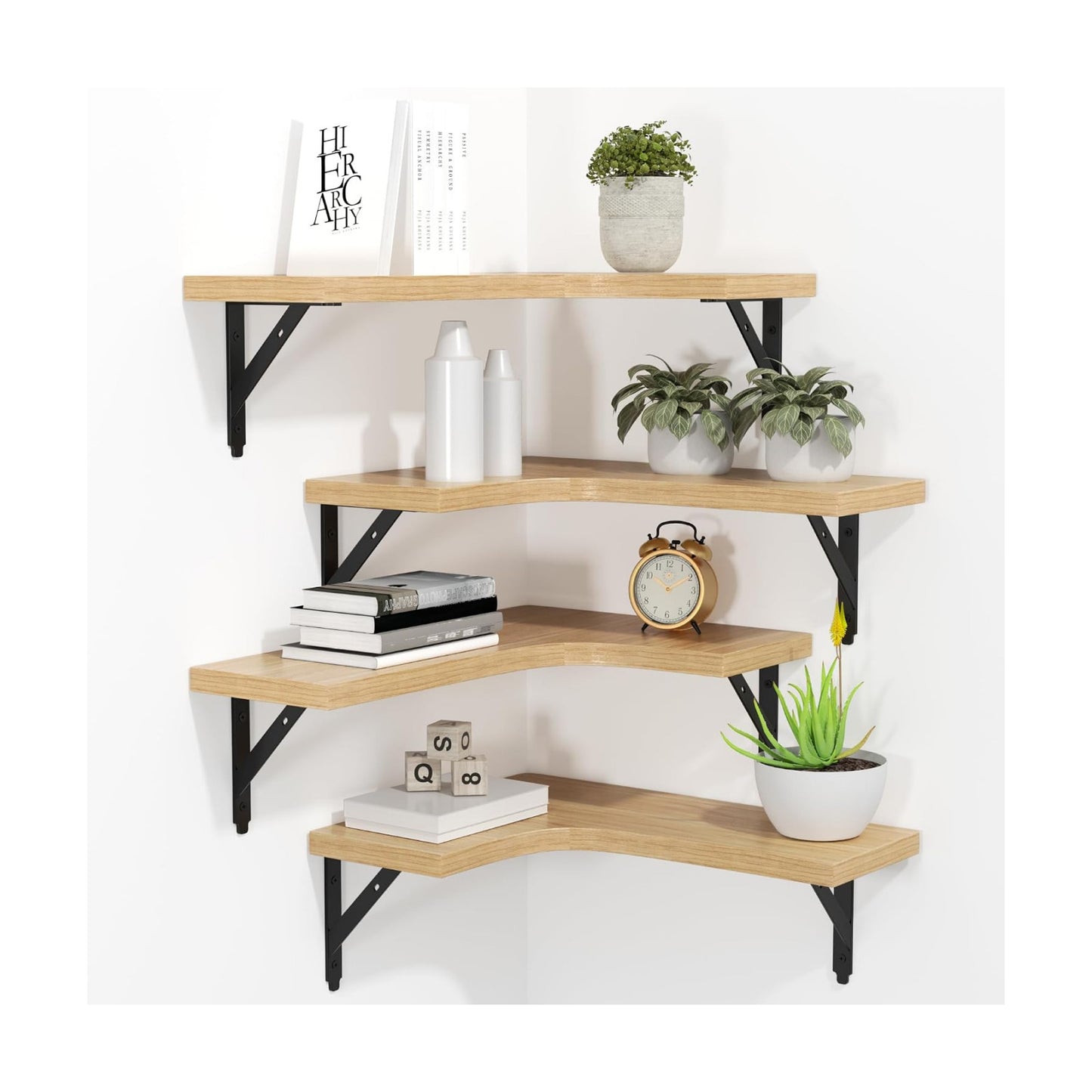 ROMGUAR CRAFT Corner Floating Shelves Wall Mounted Set of 4, Natural