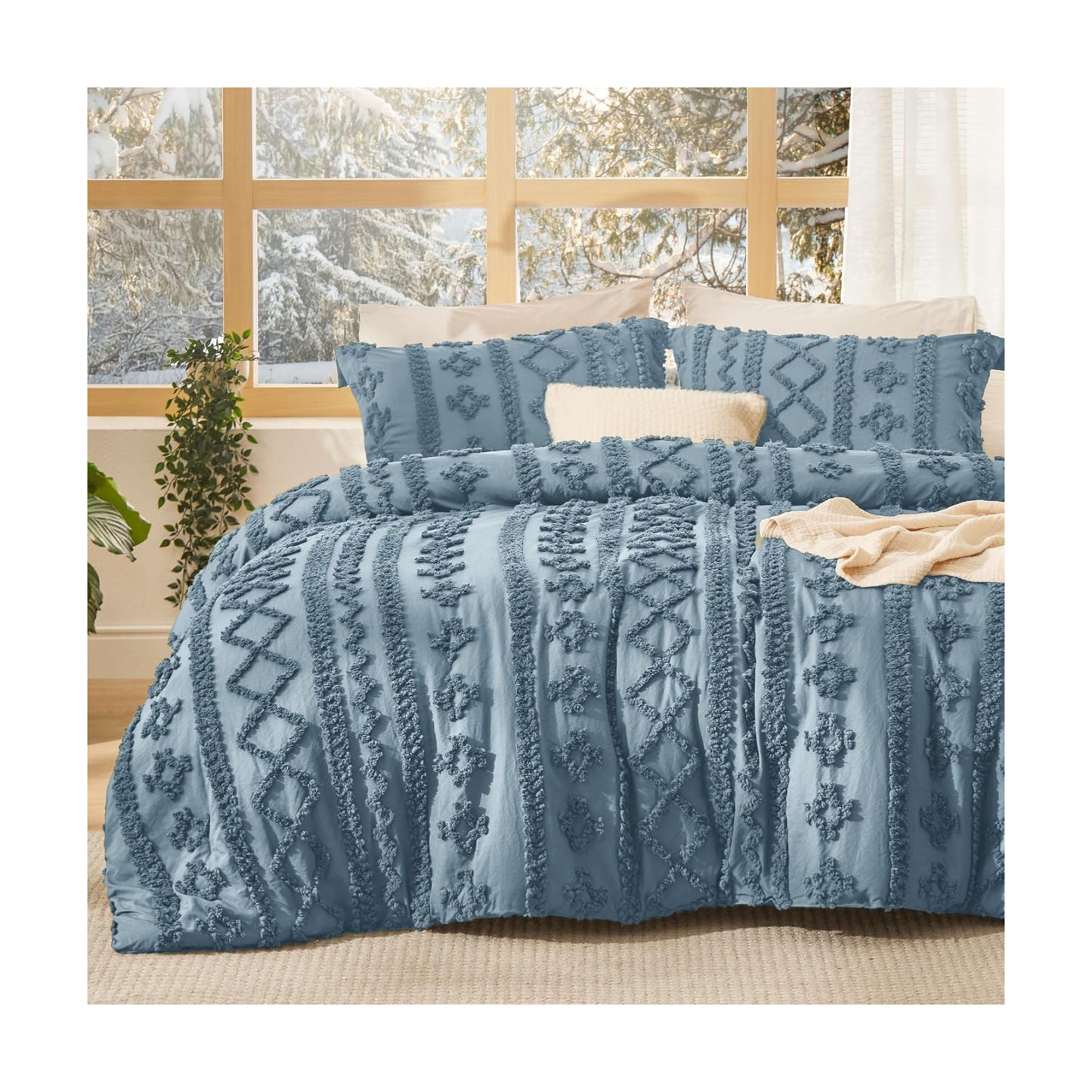 Bedsure Tufted Boho Comforter Set Queen Size - Dusty Blue Boho Bed Set, GentleSoft™ 3 Pieces Farmhouse-Style Embroidery
