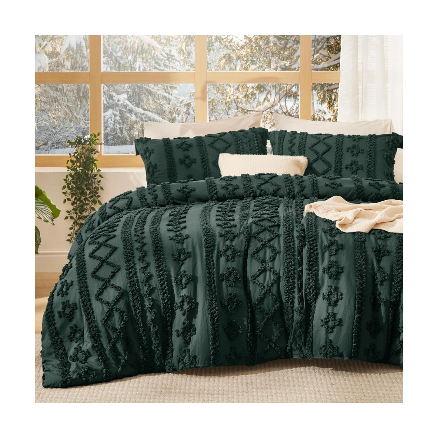 Bedsure Tufted Boho Comforter Set Queen Size - Dark Green Boho Bed Set, GentleSoft™ 3 Pieces Farmhouse-Style Embroidery