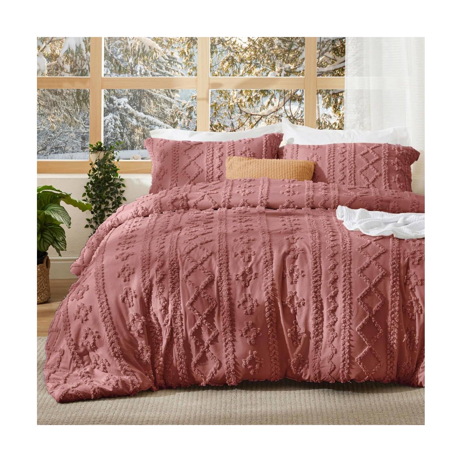 Bedsure Tufted Boho Comforter Set Queen Size - Grayish Pink Boho Bed Set, GentleSoft™ 3 Pieces Farmhouse-Style