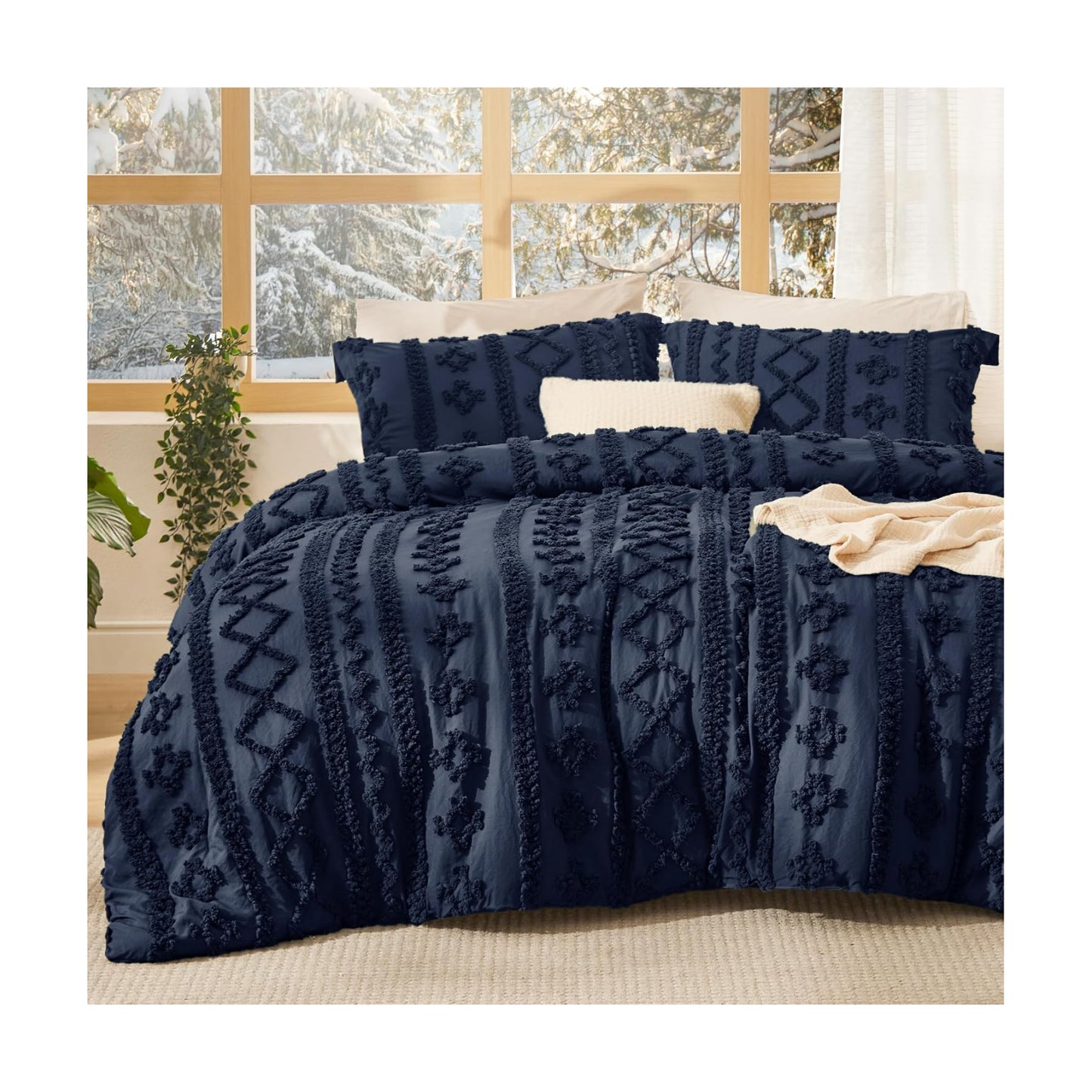 Bedsure Tufted Boho Comforter Set Queen Size - Navy Boho Bed Set, GentleSoft™ 3 Pieces Farmhouse-Style Embroidery