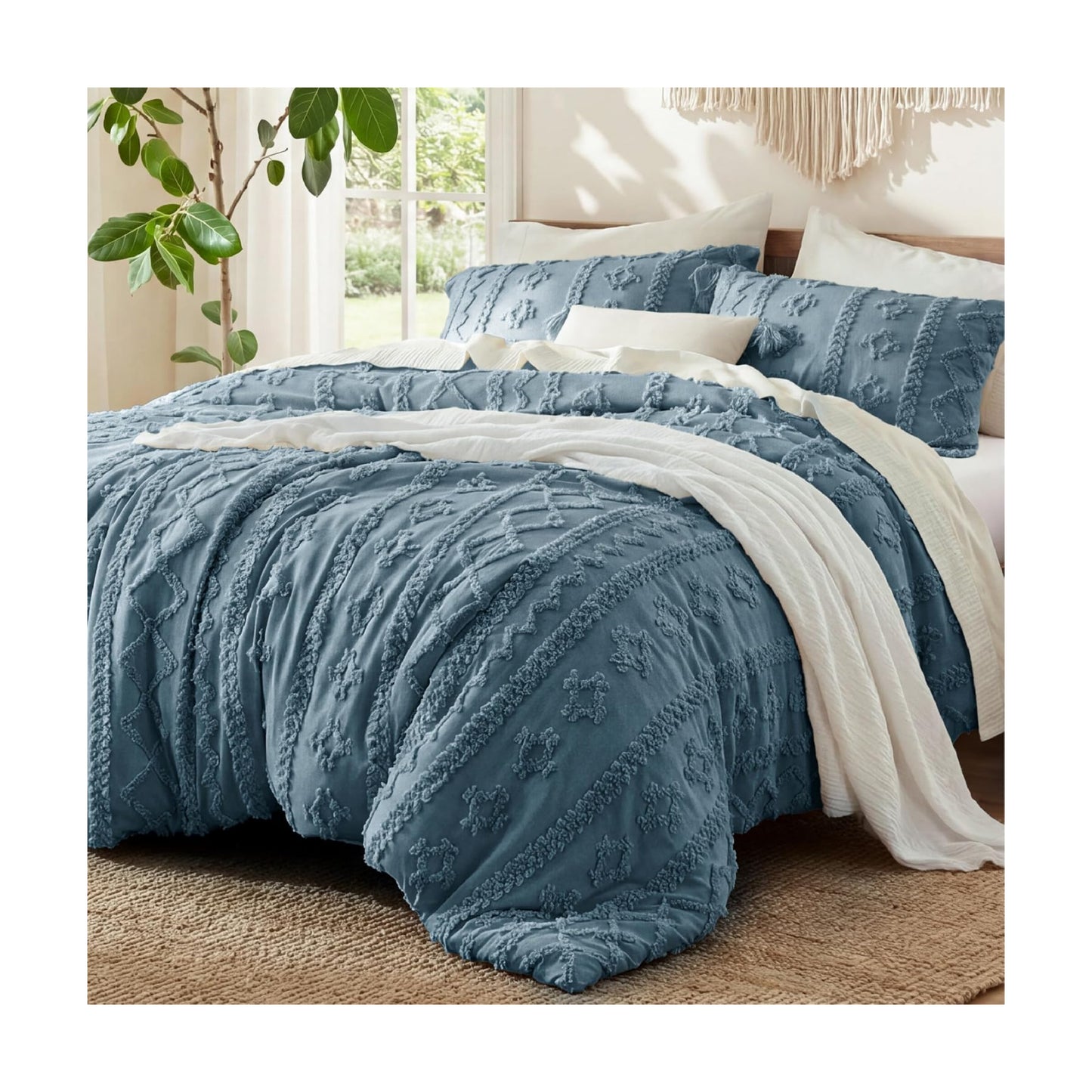 Bedsure Tufted Boho Comforter Set Twin Size - Dusty Blue Boho Bed Set, GentleSoft™ 2 Pieces Farmhouse-Style Embroidery