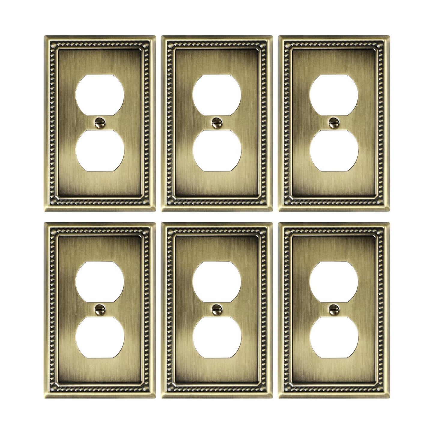 6-Pack Duplex Switch Plates and Outlet Covers, Antique Brass | Pearls Beaded Decorative Metal Wall Plates for