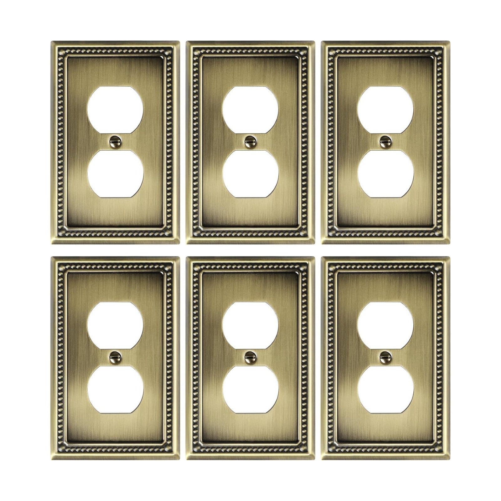 6-Pack Duplex Switch Plates and Outlet Covers, Antique Brass | Pearls Beaded Decorative Metal Wall Plates for