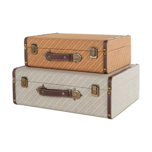Wooden Decorative Trunk Vintage Studded Woven Storage / 16", 14"W / Multi Colored / Bronze
