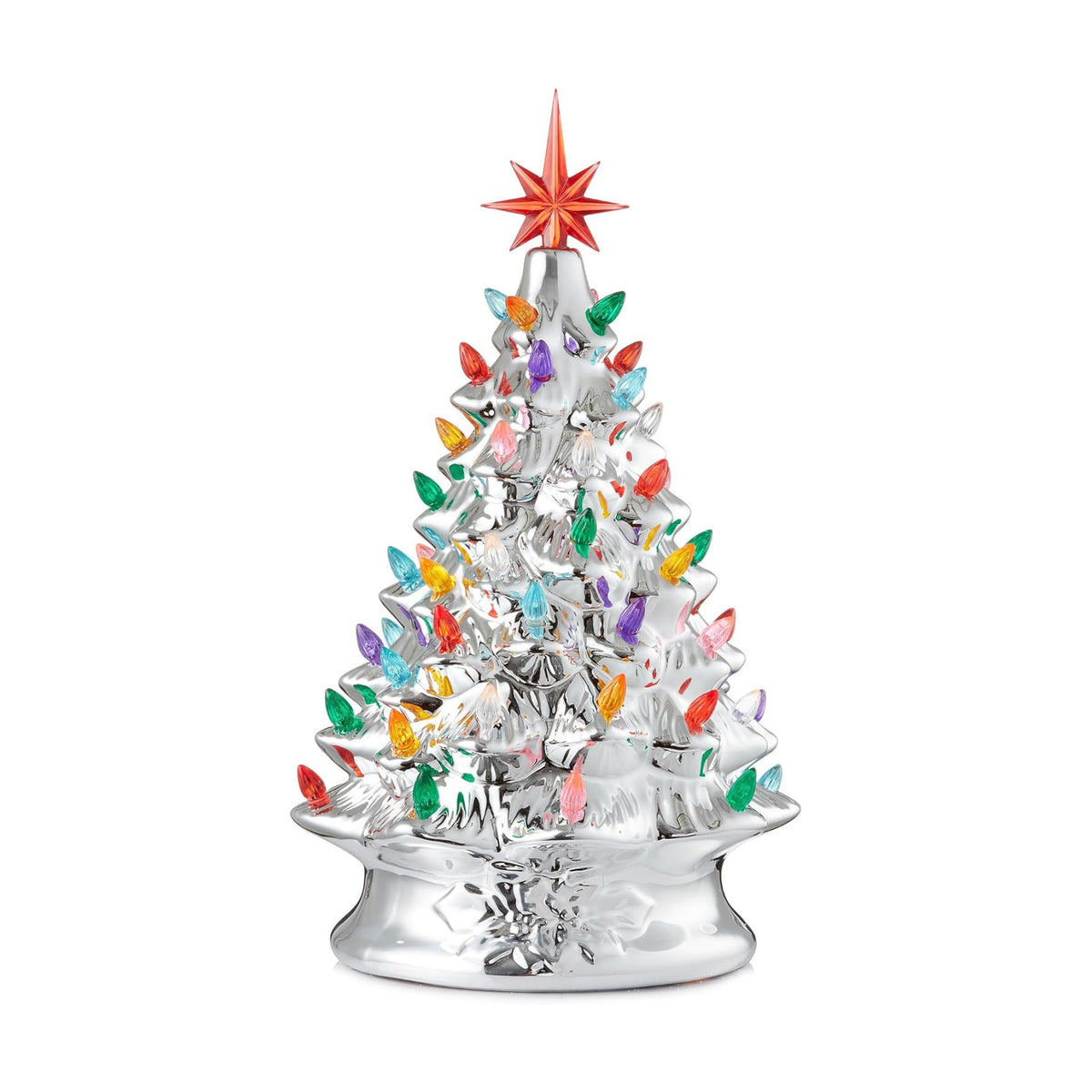 Casafield Hand Painted Ceramic Christmas Tree, Silver 15-Inch Pre-Lit Tree with 128 Multi Color Lights and 2 Star Toppers