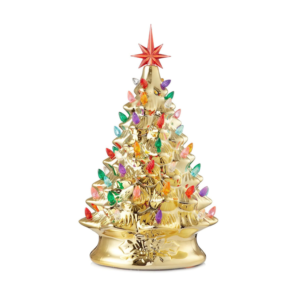 Casafield Hand Painted Ceramic Christmas Tree, Gold 15-Inch Pre-Lit Tree with 128 Multi Color Lights and 2 Star Toppers