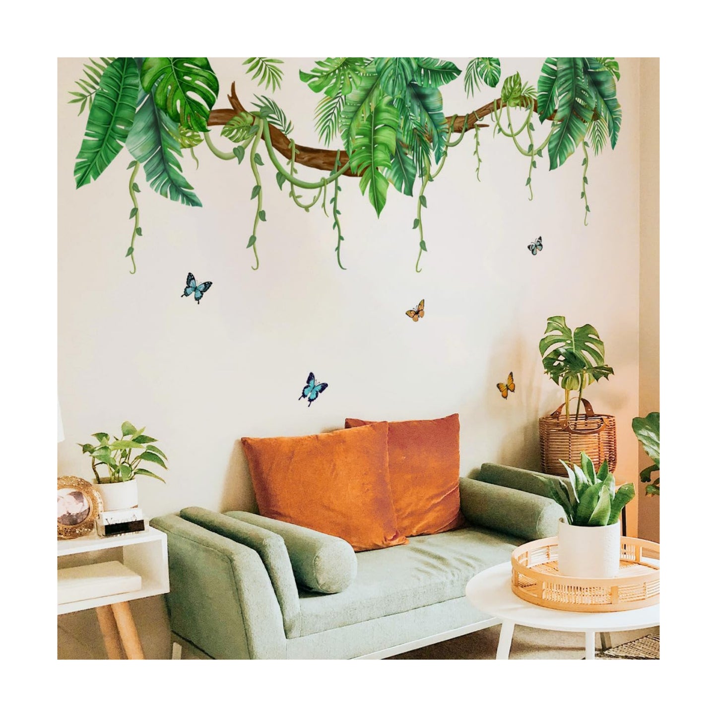 Jungle Wall Decals Tropical Wall Decor Stickers Hanging Vines Palm Leaves Murals Peel / Green
