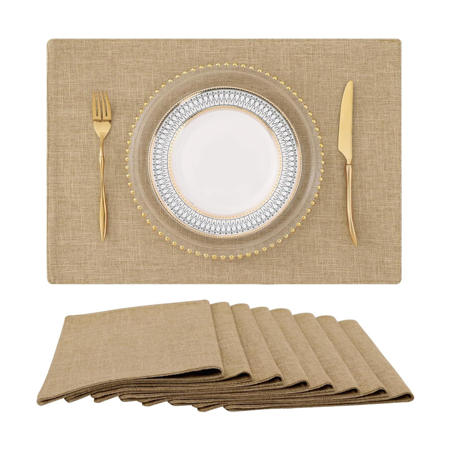 Faux Cotton Linen Placemats Set of 8, Cloth Washable Farmhouse Dining Table Mats for Indoors & Outdoors, Easy to Clean