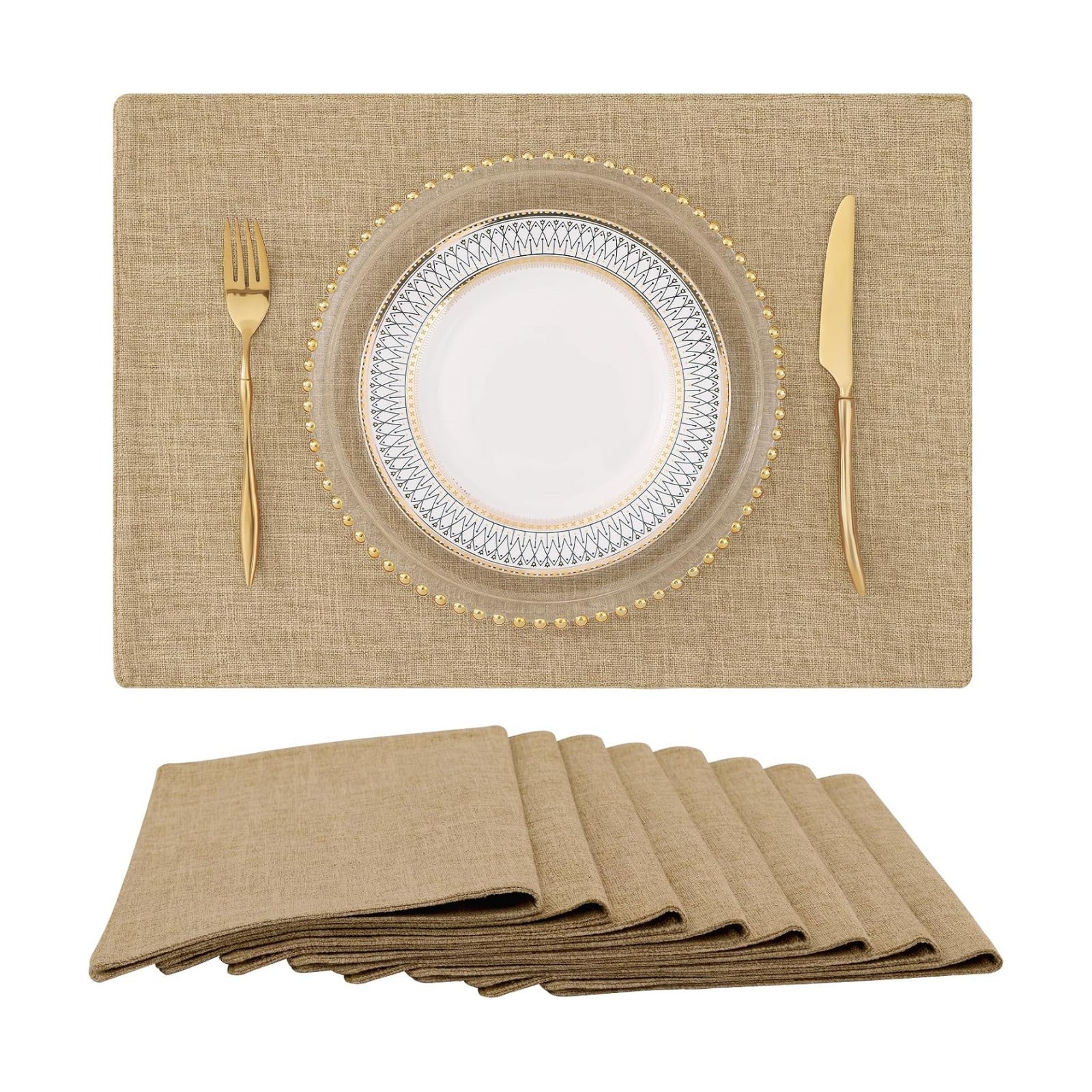 Faux Cotton Linen Placemats Set of 8, Cloth Washable Farmhouse Dining Table Mats for Indoors & Outdoors, Easy to Clean