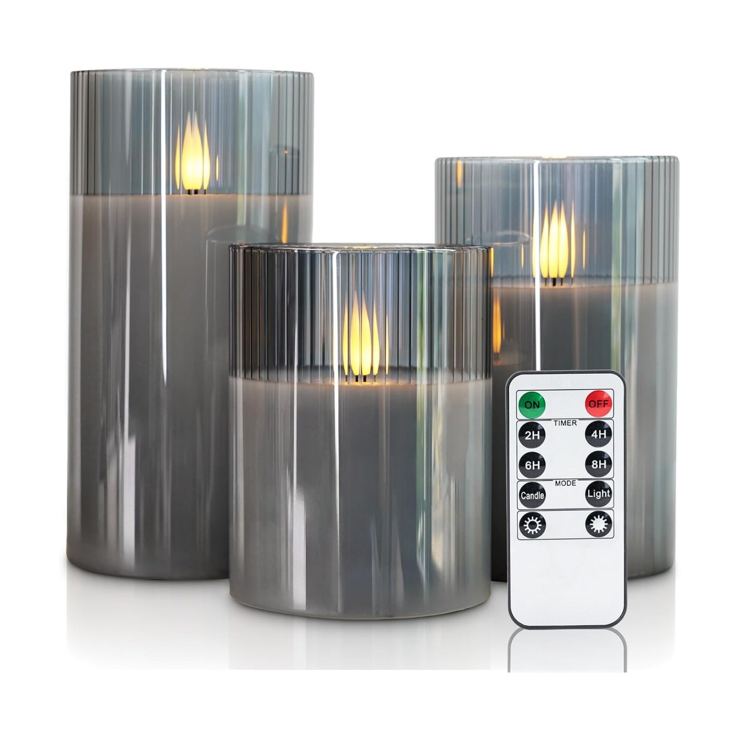 Amagic Grey Ribbed Glass Flameless Electric LED Candles with Remote Timer | Real Wax Battery Operated Candle
