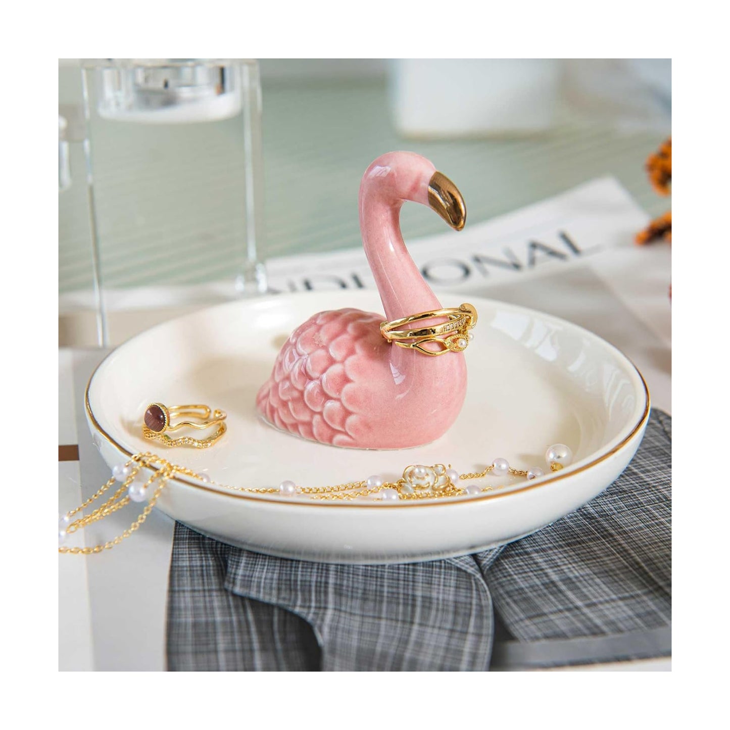 Ceramic Jewelry Tray Trinket Dish for Necklace Keychain Organizer / Flamingo