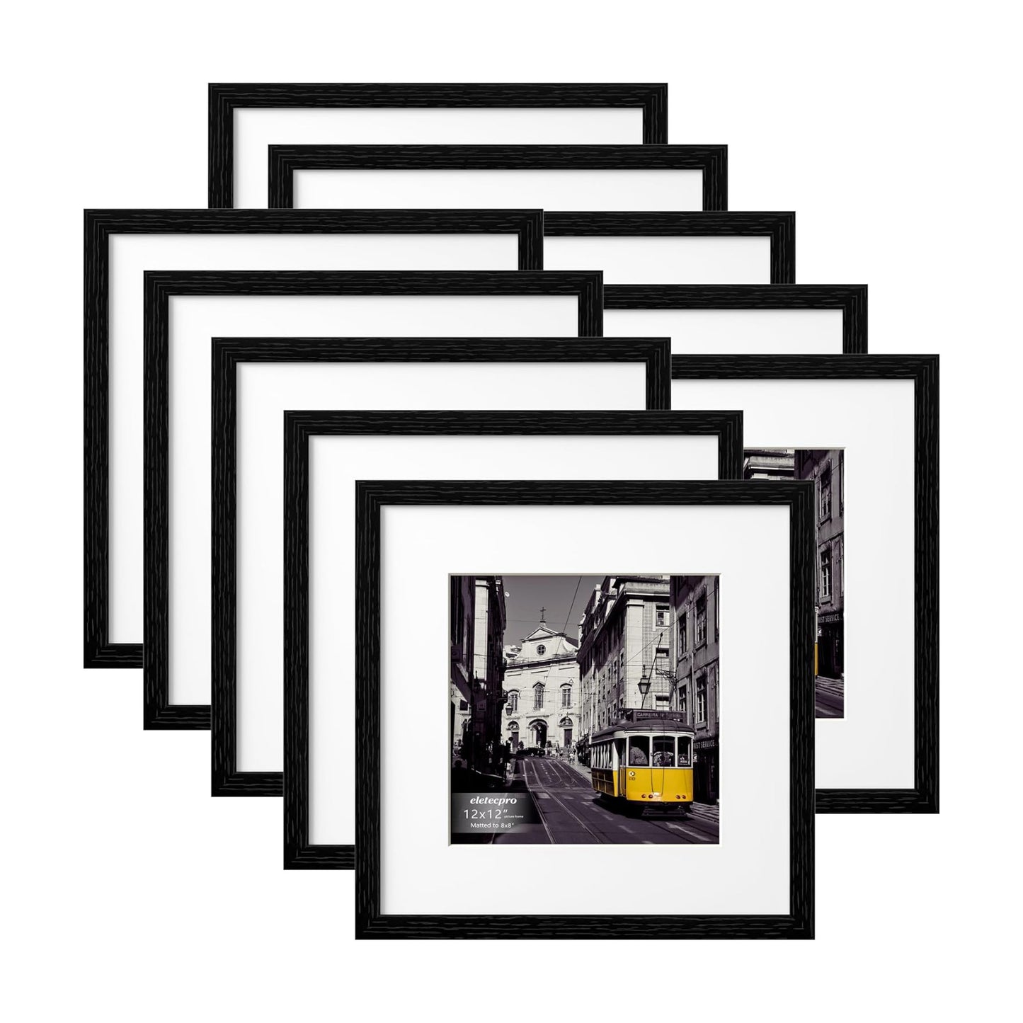 eletecpro 12x12 Picture Frames, Acrylic Cover, Black, Set of 10 | Display Photo 8x8 with Mat or 12x12 without, Wall