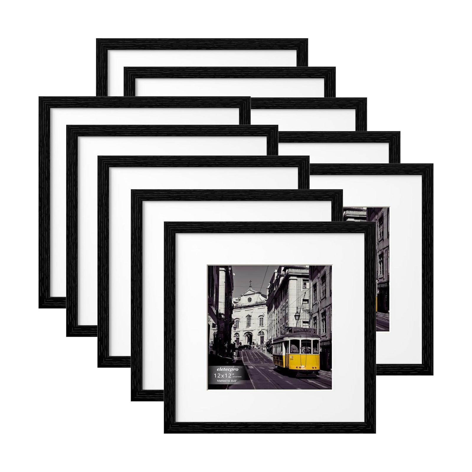 eletecpro 12x12 Picture Frames, Acrylic Cover, Black, Set of 10 | Display Photo 8x8 with Mat or 12x12 without, Wall