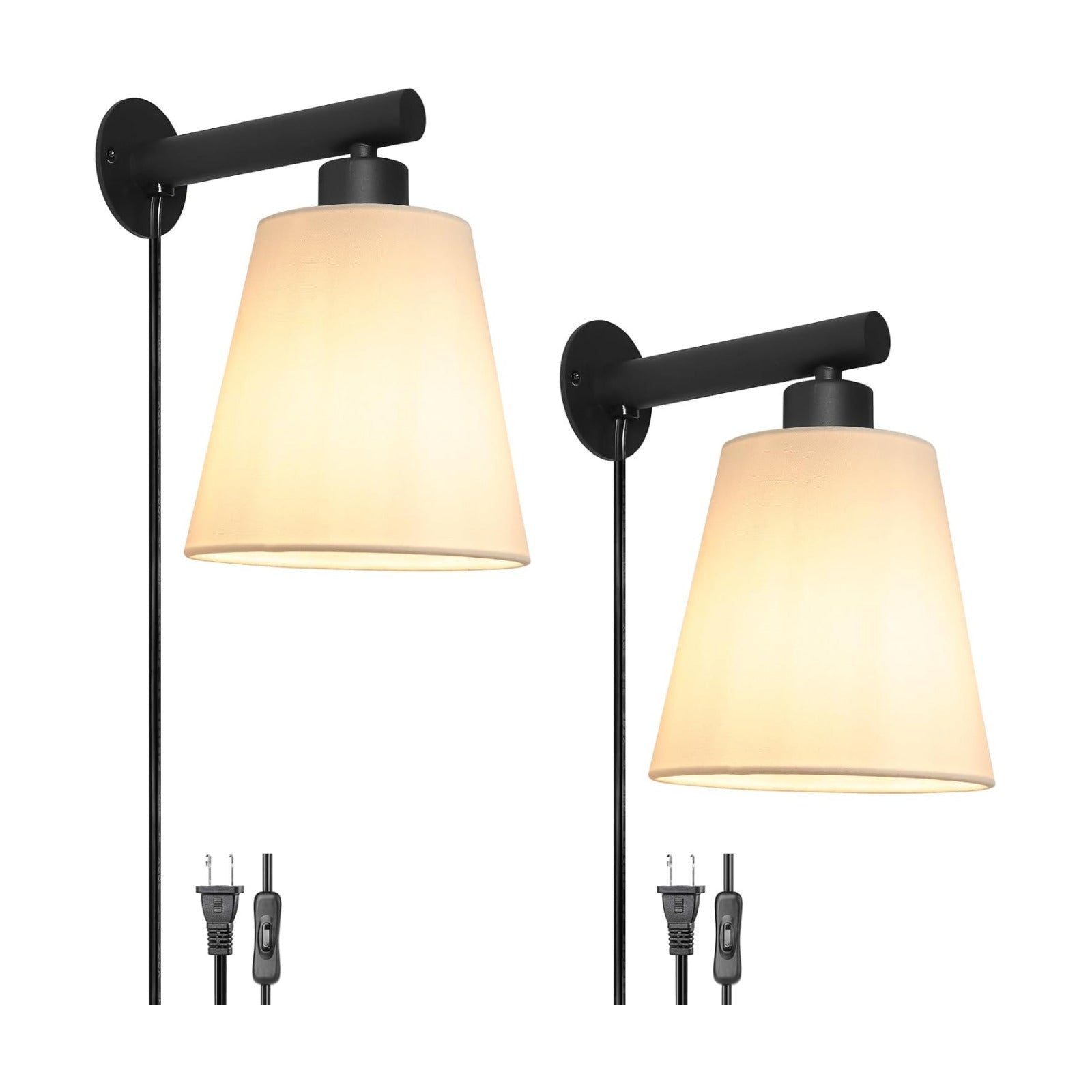Plug in Wall Sconces Set of Two, Wall Lamp with Plug in Cord, Black Wall Sconce Light Plug in, Bedside Wall Mounted