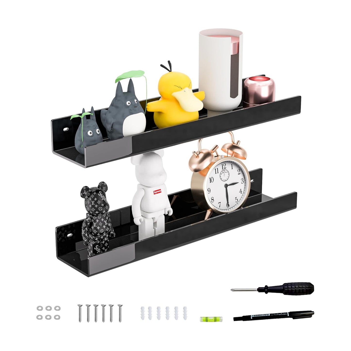 18 Inches Black Acrylic Wall Shelves 2 Pack, Acrylic Home Organizer Shelves for Wall Storage, Space Saver