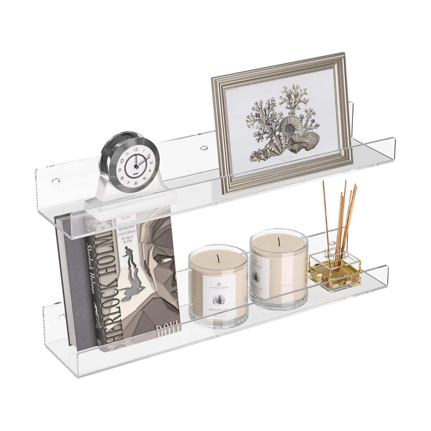 18'' Clear Acrylic Bookshelf 2 Pack, Acrylic Floating Book Shelves, Wall Mounting Invisible Ledge Book Shelf
