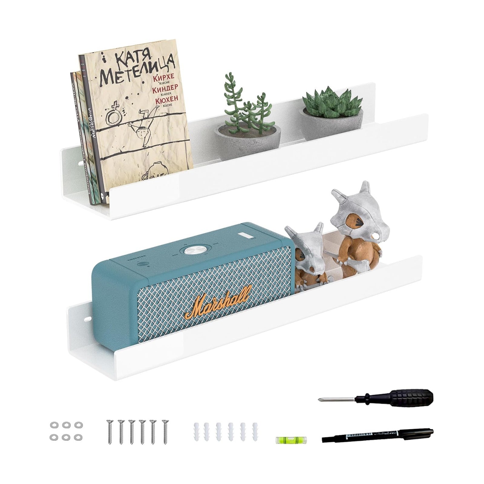 18 Inches White Acrylic Wall Display Shelf 2 Pack, Wall Shelves Organizer for Books, Bottles, Small Plants, Picture
