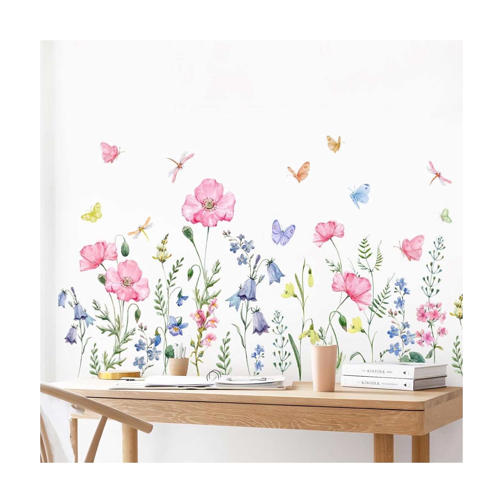 Watercolor Wildflower Wall Decals Colorful Garden Flower Grass Butterflies Wall / Pink Wildflower