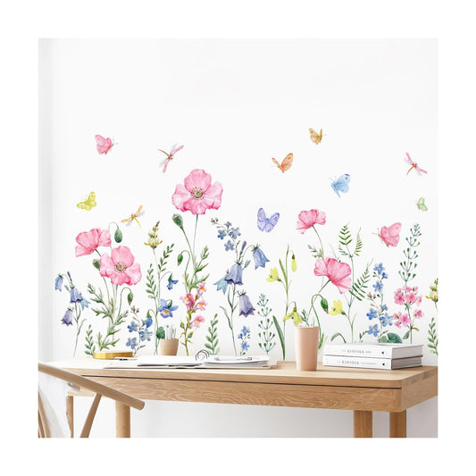 Watercolor Wildflower Wall Decals Colorful Garden Flower Grass Butterflies Wall / Pink Wildflower