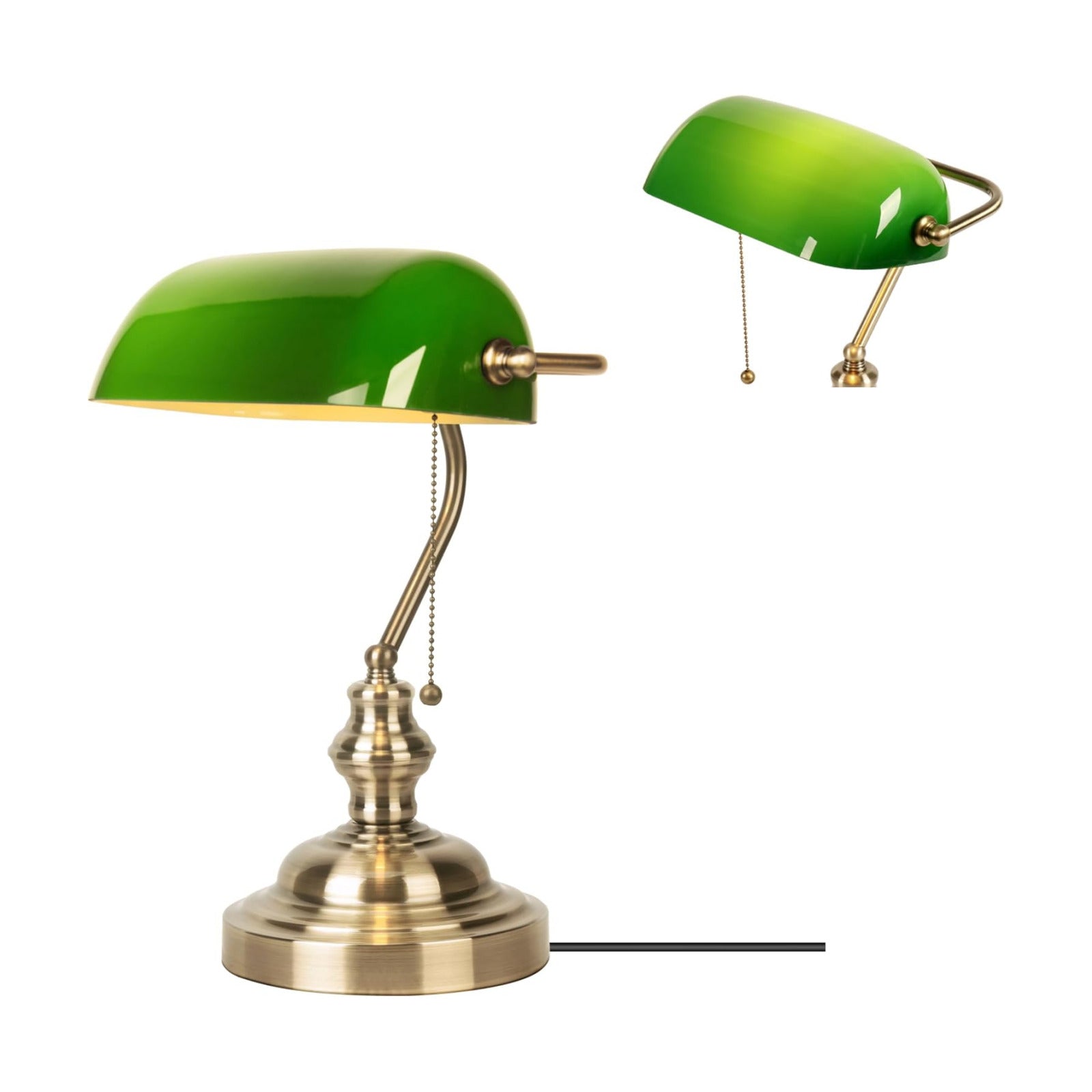 Green Glass Bankers Desk Lamp,Green Bankers Lamp with Brass Finish Base, Traditional Library Lamp with Pull Chain, E26