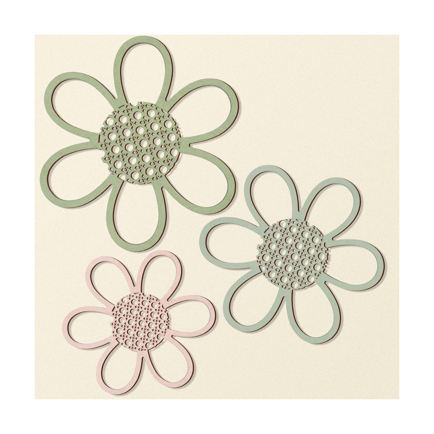 Wood & Rattan Daisy Flower Wall Hanging Art / Bright Color / Set of 3