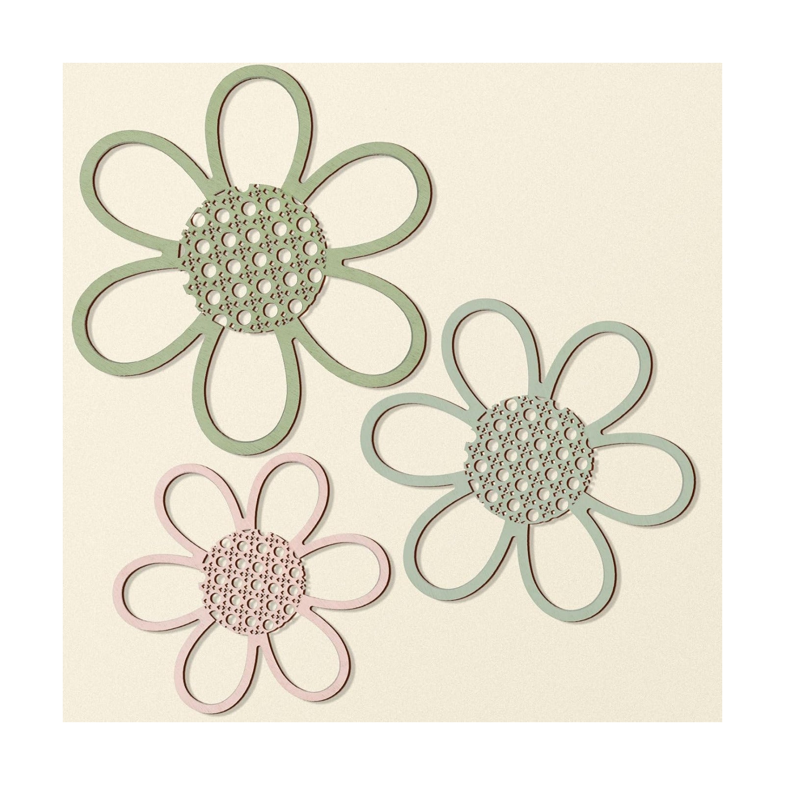 Wood & Rattan Daisy Flower Wall Hanging Art / Bright Color / Set of 3