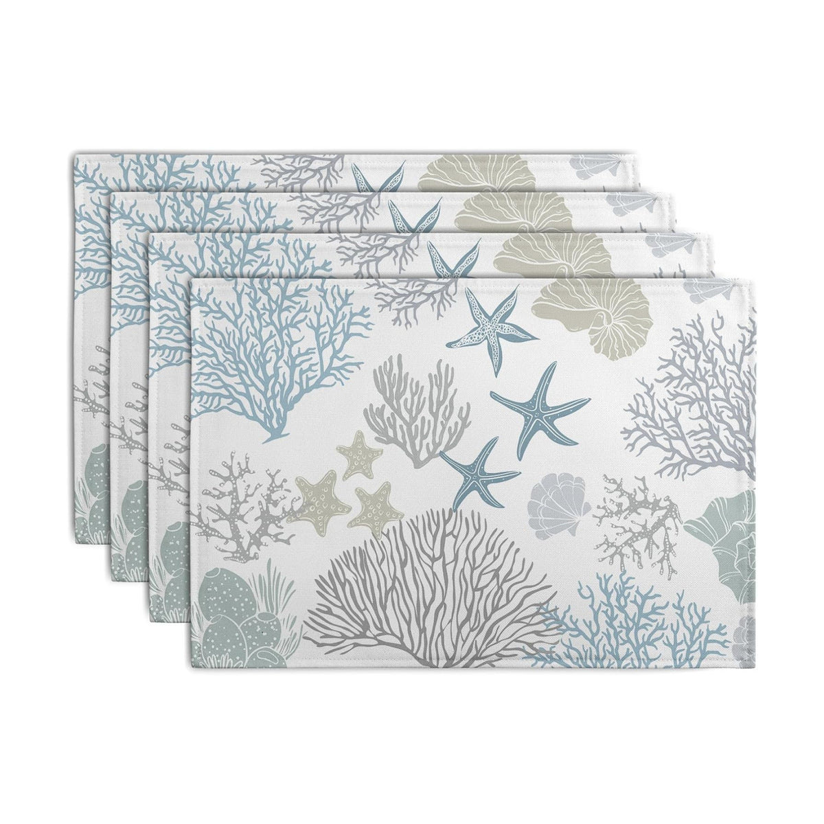 Summer Linen Placemats Set of 4 Nautical Coastal Theme Washable Non-Slip Heat Resistant Table Place Mat 12×18 Inch Ocean Beach Blue Grey Coral Starfish Place Mats for Kitchen Dining Table