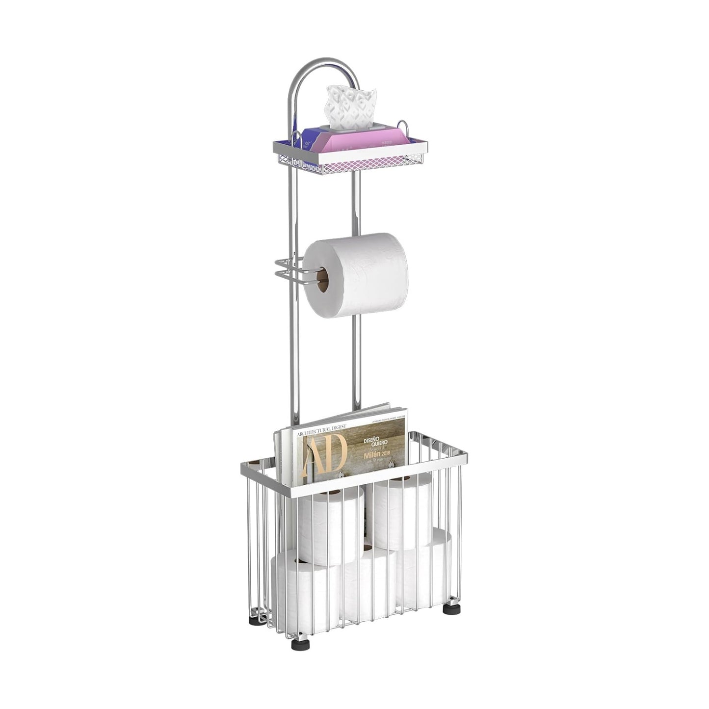 Freestanding Toilet Paper Holder Toilet Tissue Rack Scroll Stand Roll Dispenser with Storage Shelf Reserve for Phone