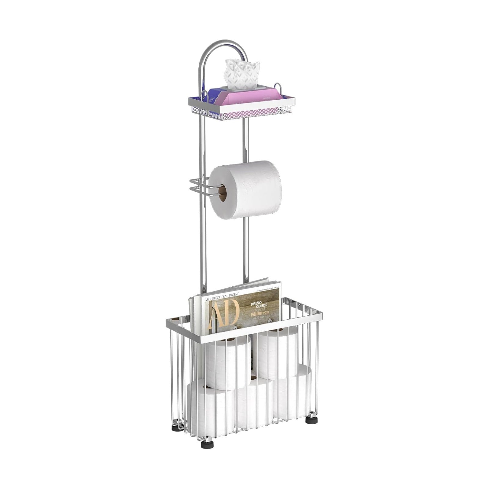 Freestanding Toilet Paper Holder Toilet Tissue Rack Scroll Stand Roll Dispenser with Storage Shelf Reserve for Phone