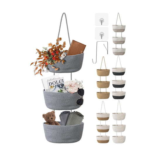 3 Tier Wall Mounted Woven Hanging Basket / 3 Tier Woven Hanging Basket / Grey